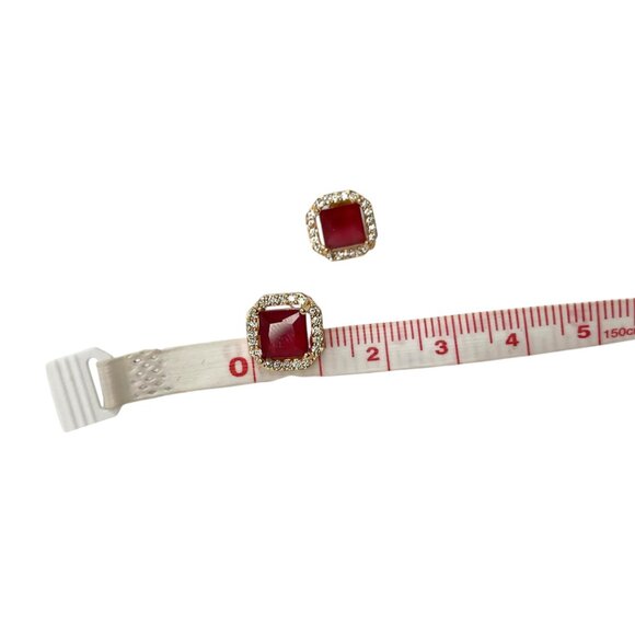 Elegant Ruby Red & Diamond-Look Halo Stud Earrings Gold-Tone Classic Fashion - Picture 6 of 6